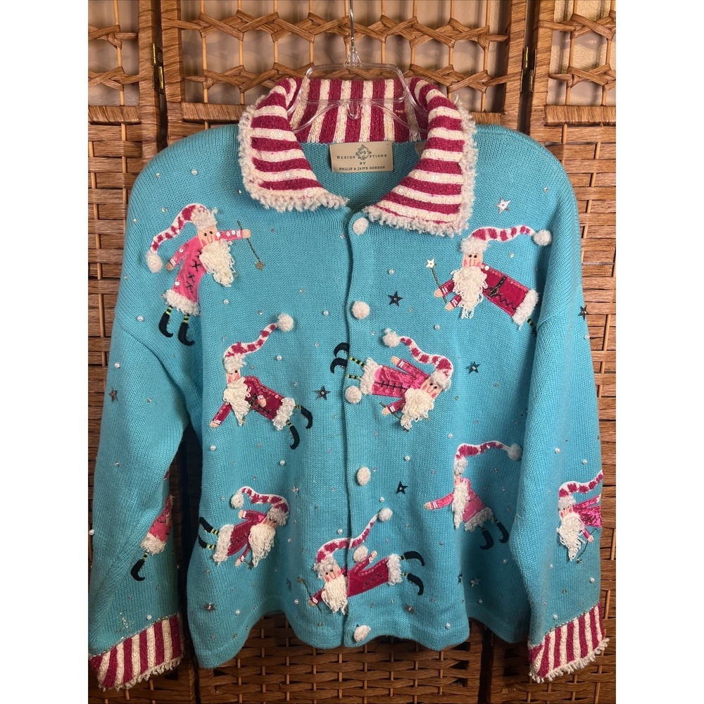 Vtg Design Options By Philip & Jane Gordon Santa Cardigan Swtr SZ XL Christmas